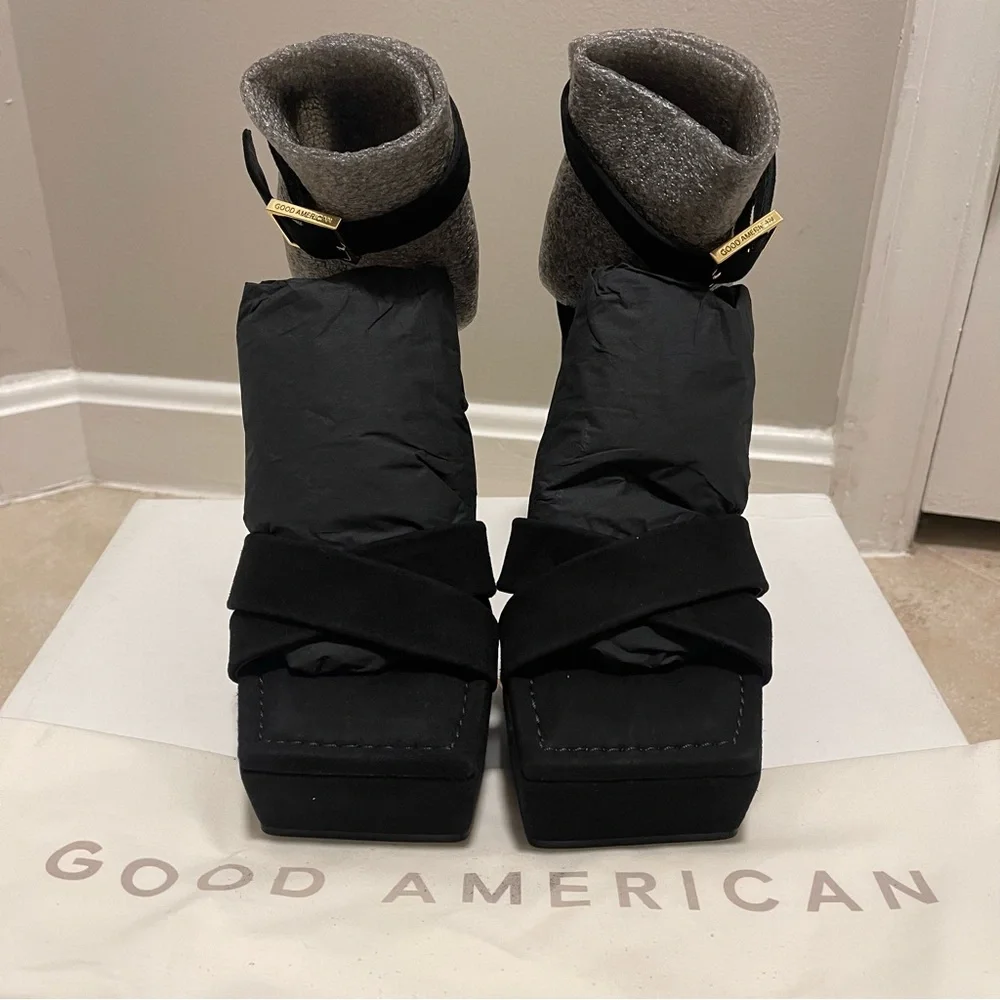 Good American Square Toe Chunky Heel Strappy Platform in Black Suede